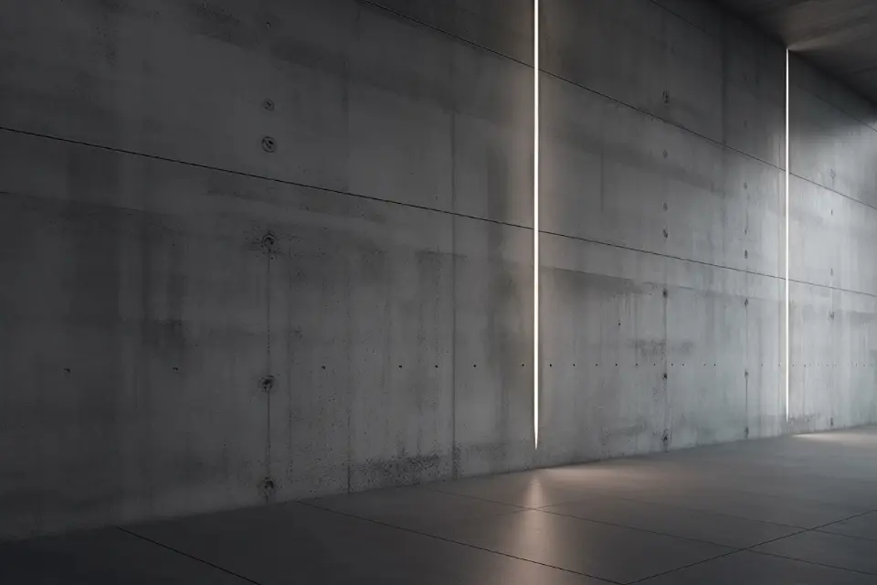 A concrete corridor with one seam of light